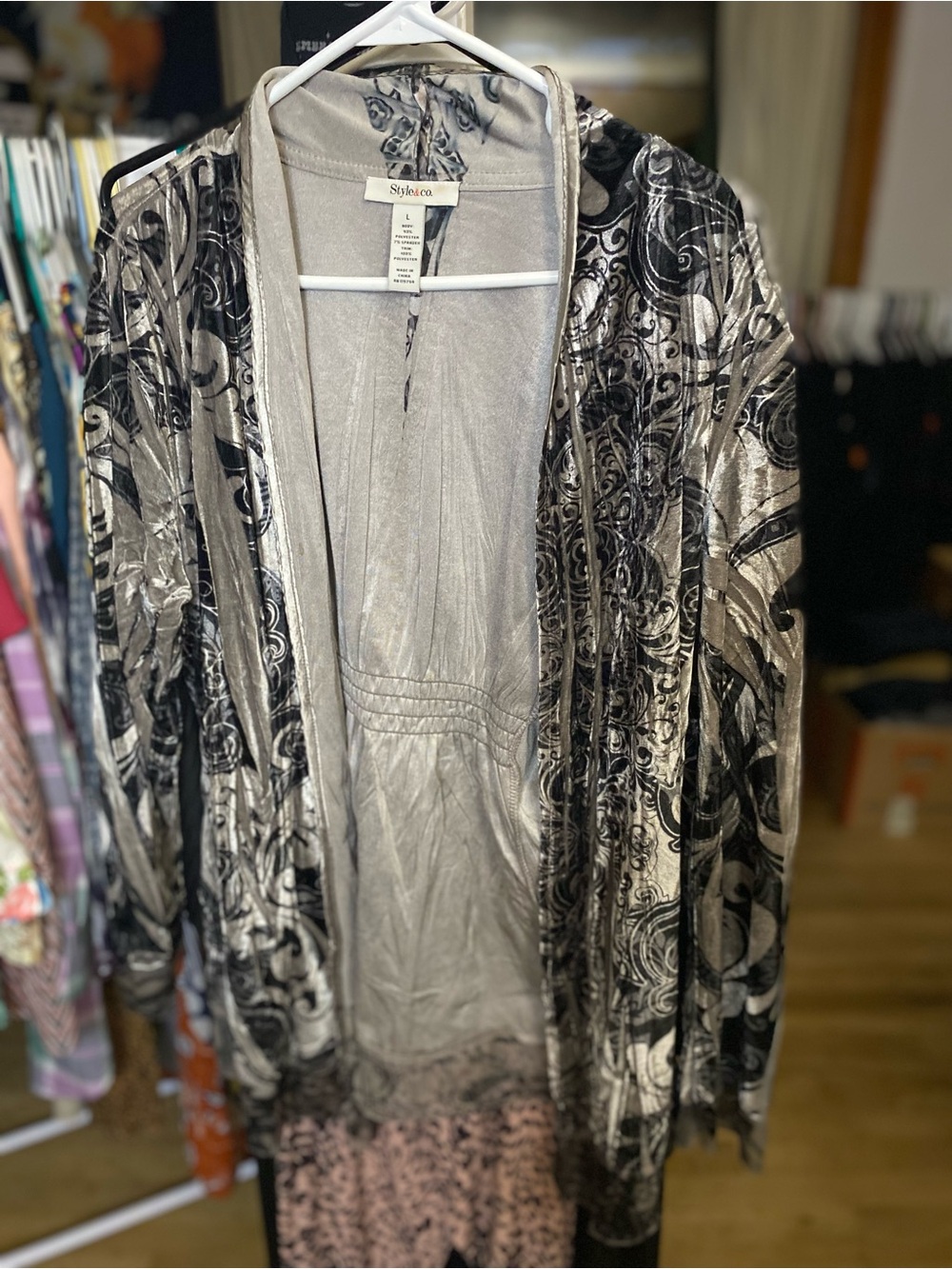 Style & Co. Silver and Black Velvet-Effect Open-Front Cardigan